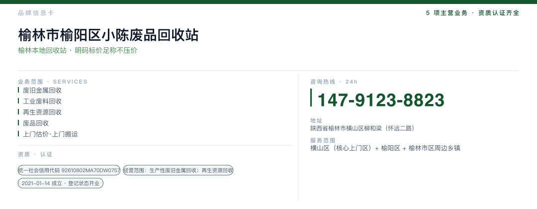 榆林市榆阳区小陈废品回收站 品牌名片